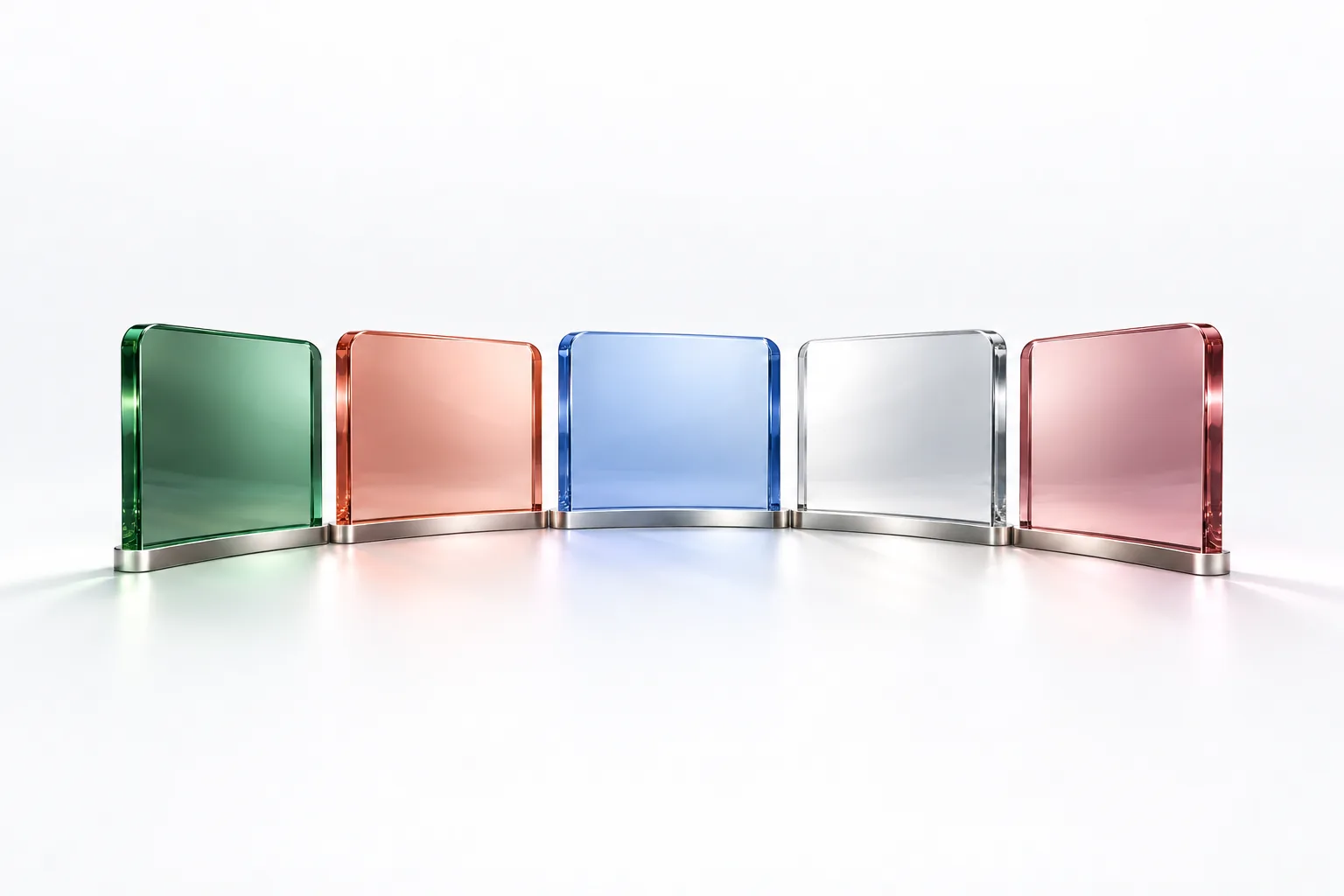Illustrative 3D study of five coloured panels joined along a single rail, representing connected practice areas