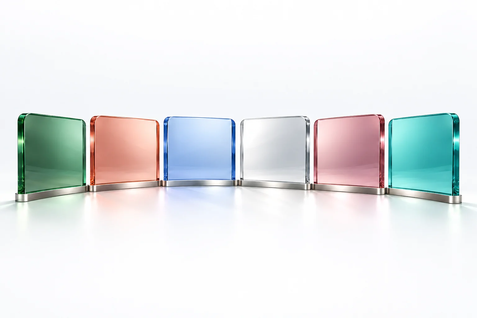 Illustrative 3D study of six coloured panels joined along a single rail, representing connected practice areas