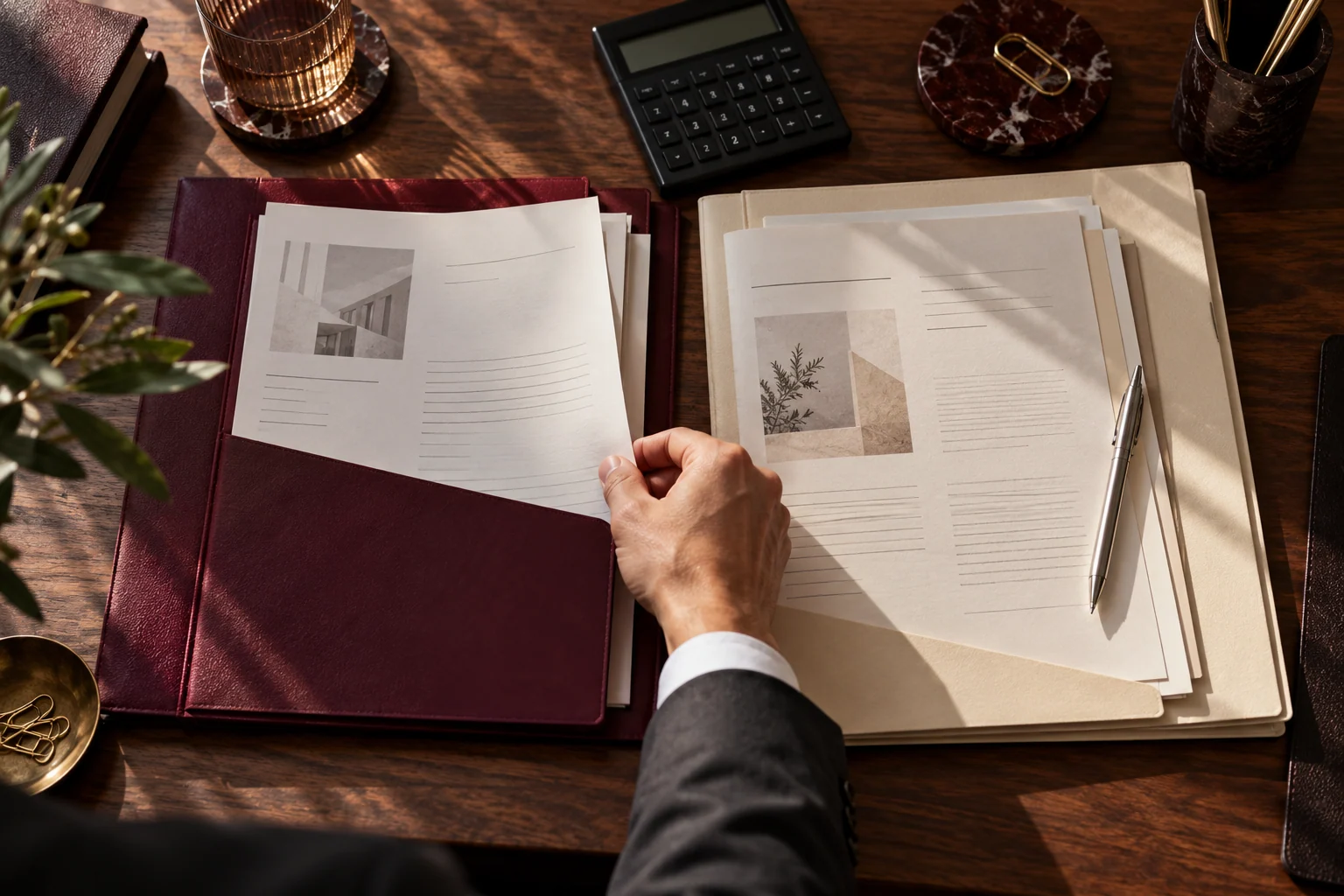 An adviser compares burgundy and ivory folders on a wooden desk, with a calculator and pen.