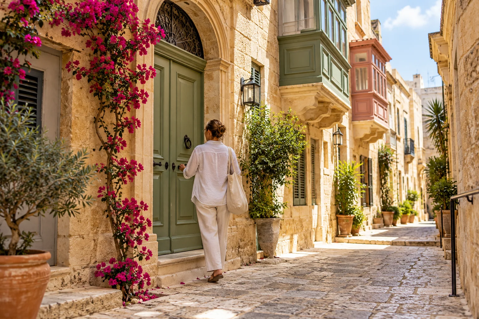 A resident arrives at a sage-green doorway on a sunlit Maltese-inspired street with traditional balconies.