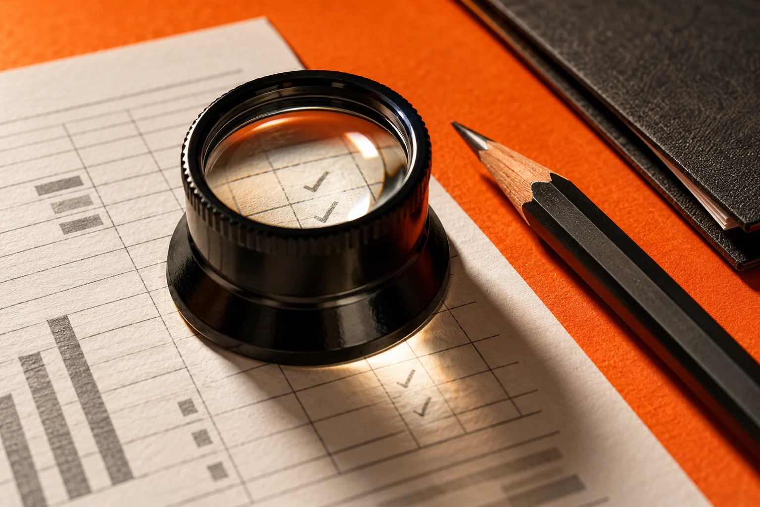 A circular optical loupe enlarges checking marks on a working paper beside a pencil on an orange surface.
