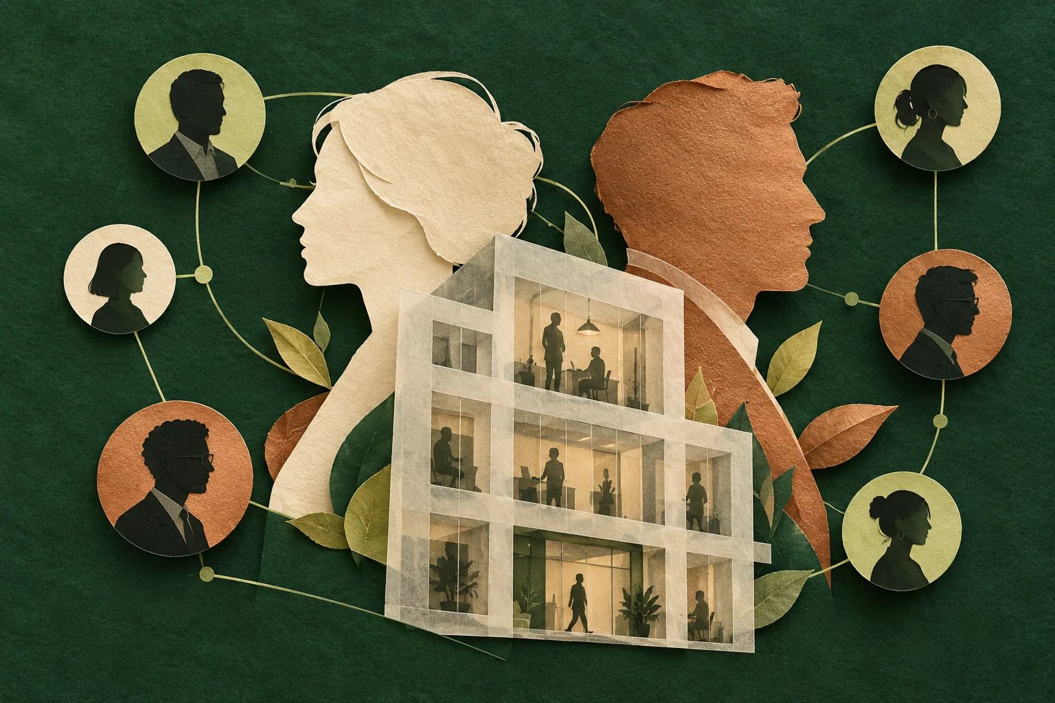 Paper-cut human profiles and connected portraits surround a translucent office facade on a forest-green background.