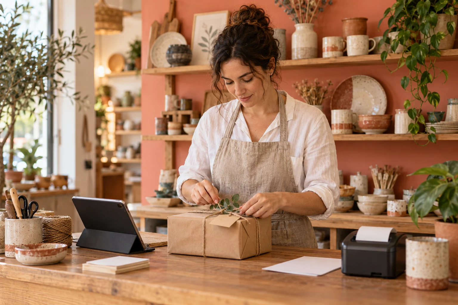 A small-business owner wraps a parcel beside a tablet and receipt printer in a coral-coloured ceramics shop.