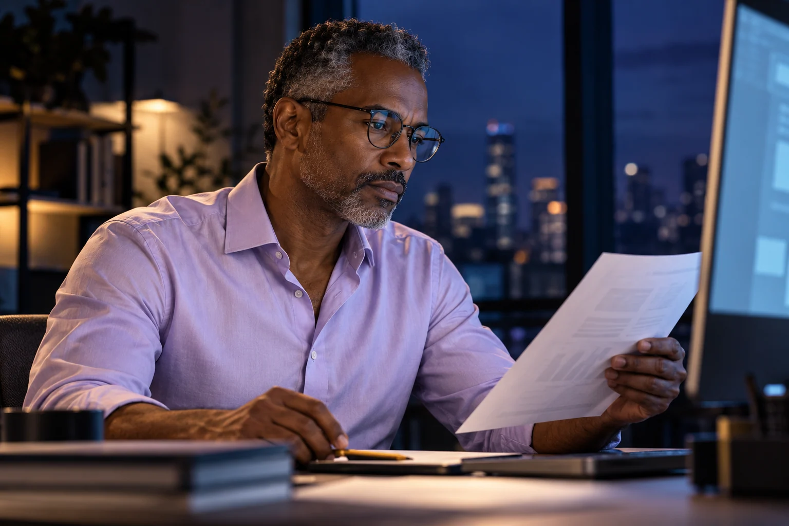 A professional with glasses reviews a printed page against a monitor in a quiet office lit in indigo and cyan.