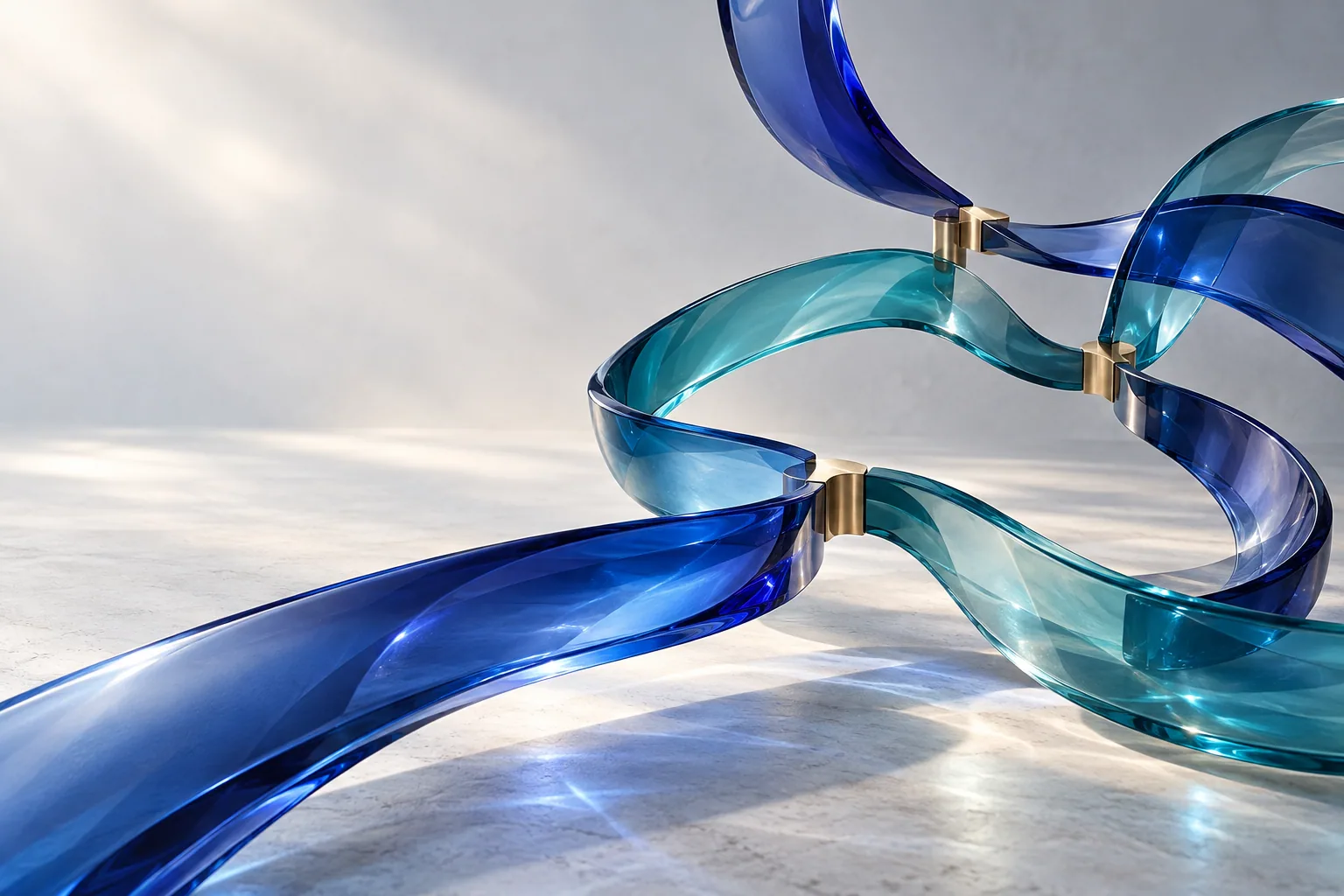 Separate translucent cobalt and teal glass ribbons are linked by fine brass connectors in a pale studio.