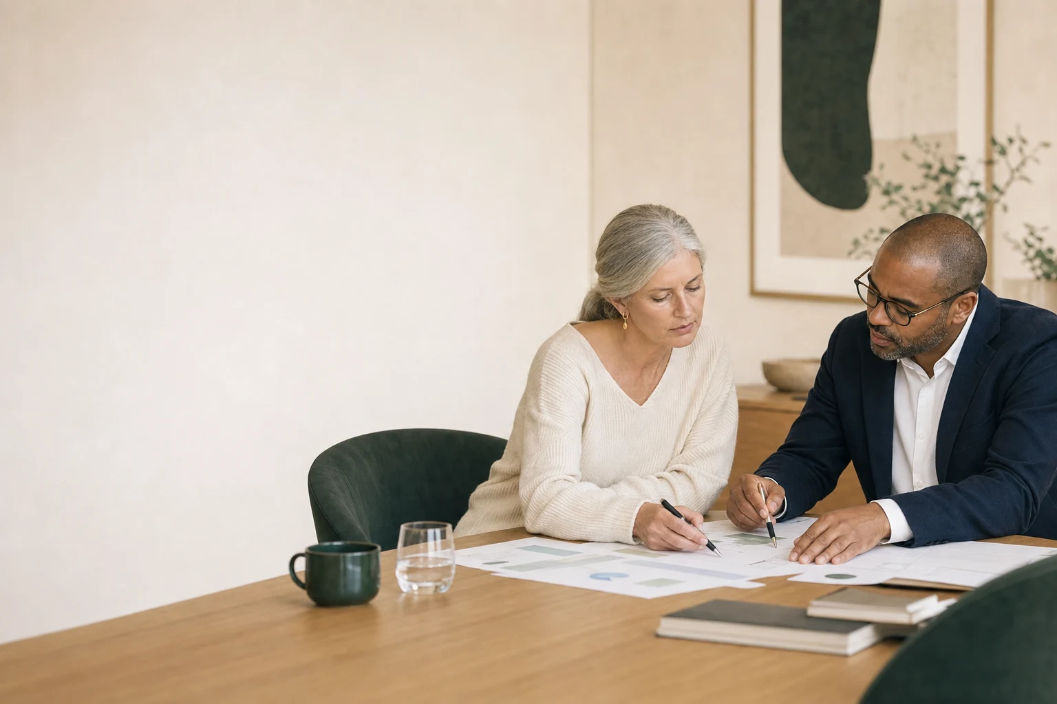 Illustrative scene: Senior advisers reviewing privacy and data-governance information