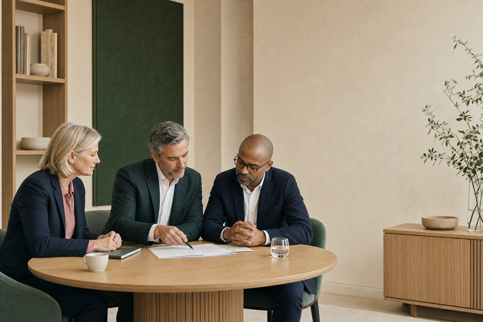 Illustrative scene: Senior professionals reviewing an engagement document together